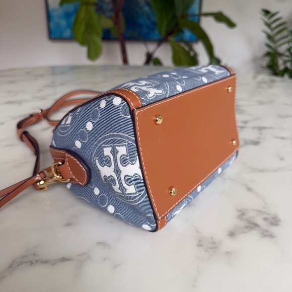 Tory Burch Petite T Monogram Denim Barrel Crossbody Satchel Bag Blue Tan Leather - Picture 7 of 14